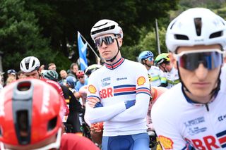 Fred Wright (Great Britain) during the race stoppage at the 2023 UCI Road World Championships elite men's road race in Glasgow