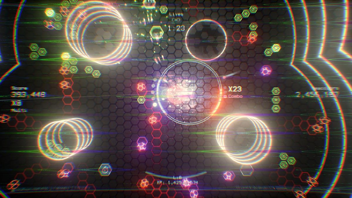 Image of abstract lights and colors from twin-stick video game Waves: Notorious