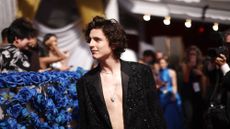 Timothée Chalamet shows off a necklace on the red carpet at the 2022 Oscars
