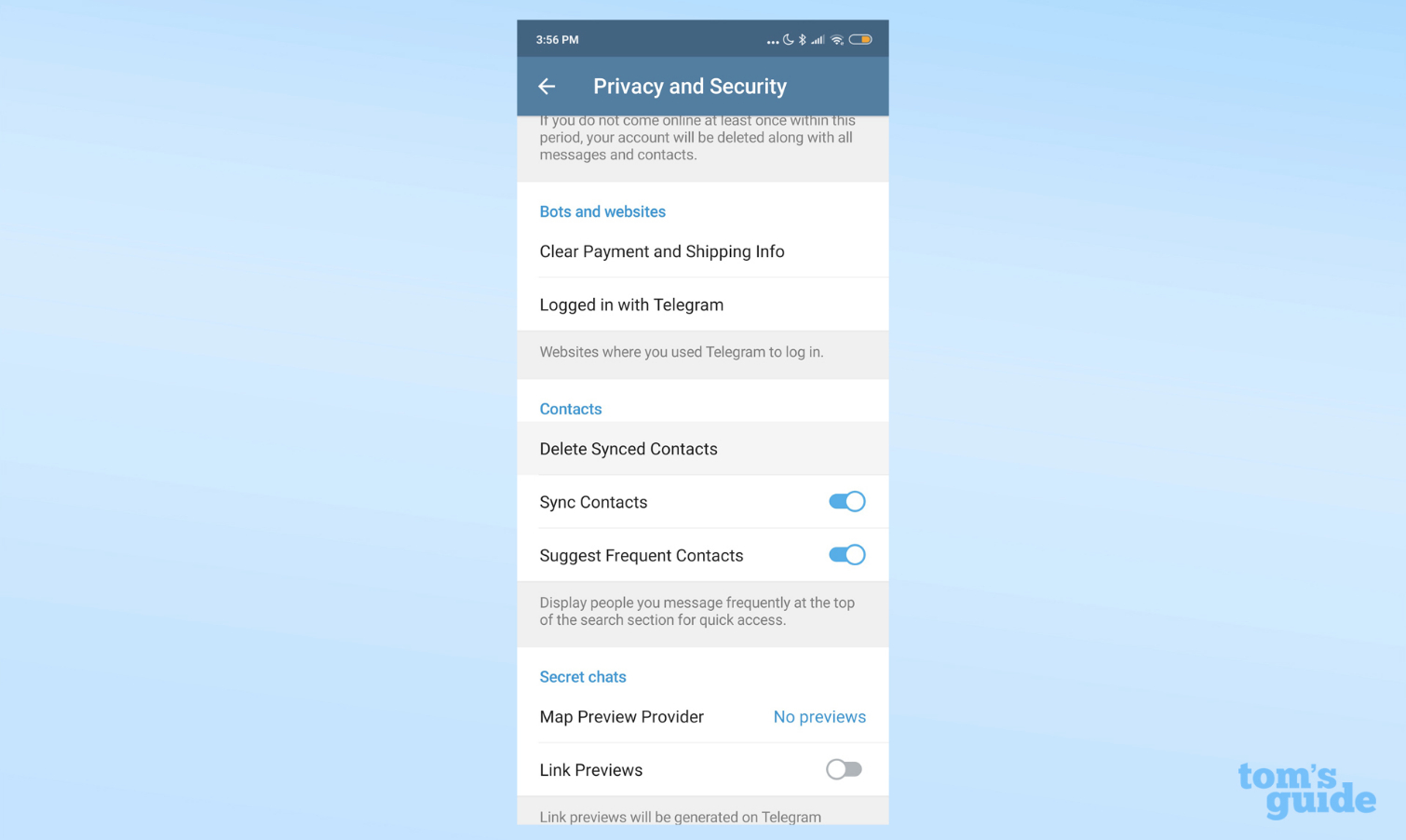 Screenshot of Telegram's Privacy and Security settings