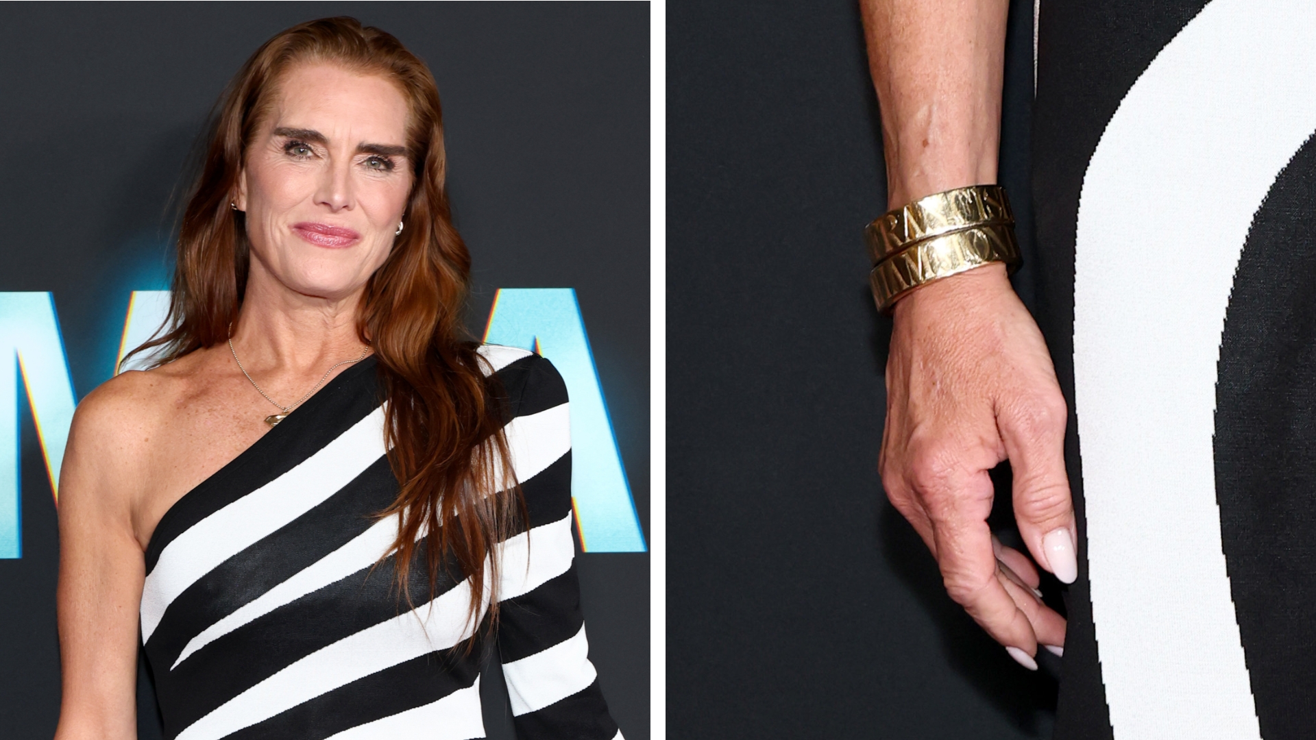 Image of Brooke Shields smiling with wavy long brunette hair and wearing a one-shoulder black and white striped gown, alongside an image of her hand with soft pink almond nails