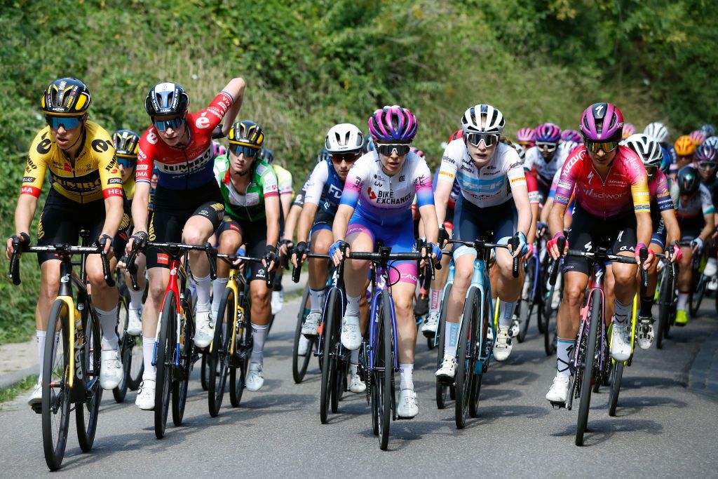 LANDGRAAF NETHERLANDS SEPTEMBER 02 LR Romy Kasper of Germany Riejanne Markus of Netherlands and Jumbo Visma Team Amanda Spratt of Australia and Team BikeExchange Jayco and Ashleigh Moolman Pasio of South Africa and Team SD Worx lead the peloton during the 25th Simac Ladies Tour 2022 Stage 4 a 1352km stage from Landgraaf to Landgraaf SLT2022 UCIWWT on September 02 2022 in Landgraaf Netherlands Photo by Bas CzerwinskiGetty Images