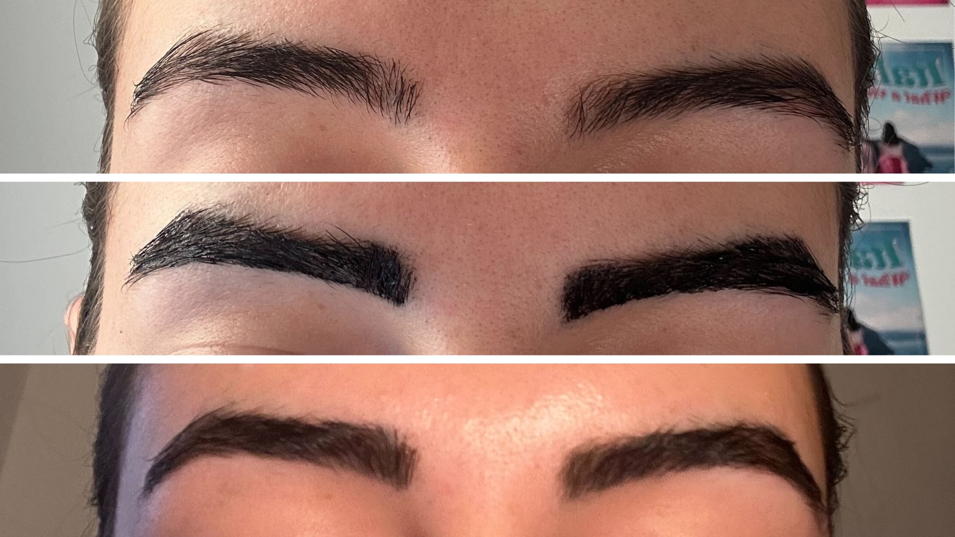 Top showing Sennen's eyebrows before, middle shows during the tint and bottom shows after the tint