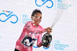 Annemiek van Vleuten (Movistar) celebrates taking the first leader's jersey of the Giro d'Italia Donne 2023 after winning stage 2