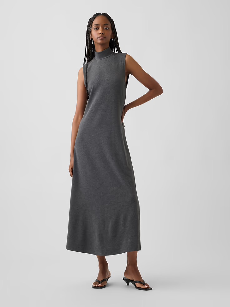 Mock neck maxi dress in heather gray on a model.