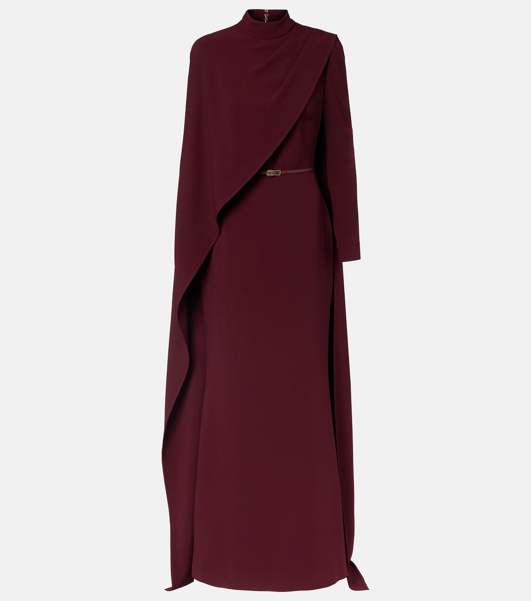 Cape-Detail Belted Gown in Burgundy - Elie Saab