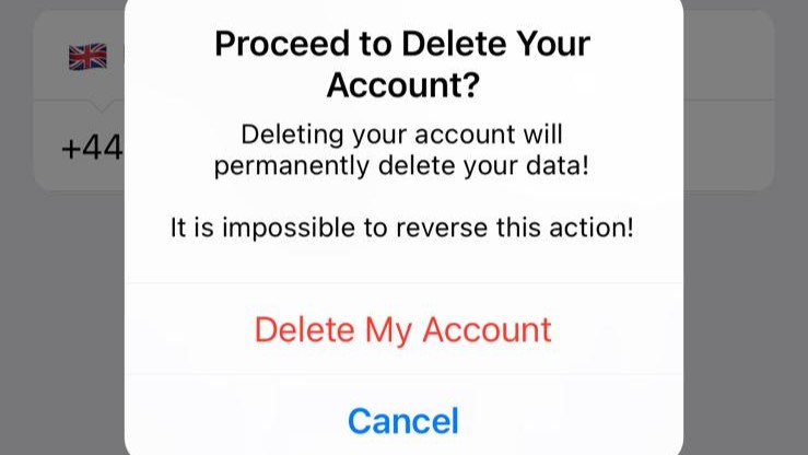 Telegram pop-up on phone asking if the user wants to proceed to delete their account