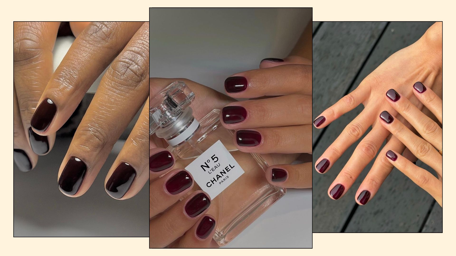 A collage with photos of different hands painted with a dark red garnet nail colour