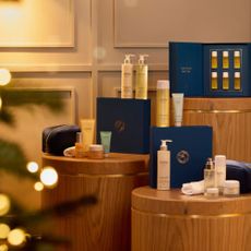 ESPA skincare boxes next to a Christmas tree