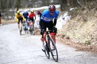 CARPEGNA ITALY MARCH 12 Tadej Pogacar of Slovenia and UAE Team Emirates Blue Leader Jersey attacks in the final climb to win the 57th TirrenoAdriatico 2022 Stage 6 a 215km stage from Apecchio to Carpegna 746m TirrenoAdriatico WorldTour on March 12 2022 in Carpegna Italy Photo by Fabio Ferrari PoolGetty Images