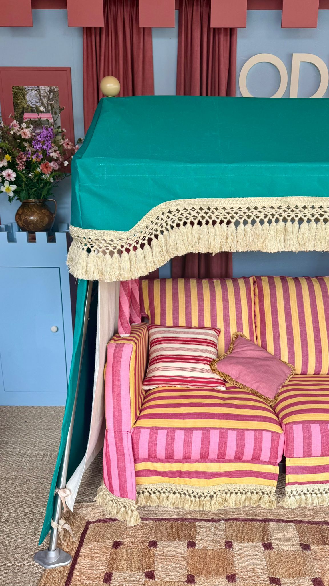 Close up and details of ODD seats, which are outdoor swinging seats with lots of colour