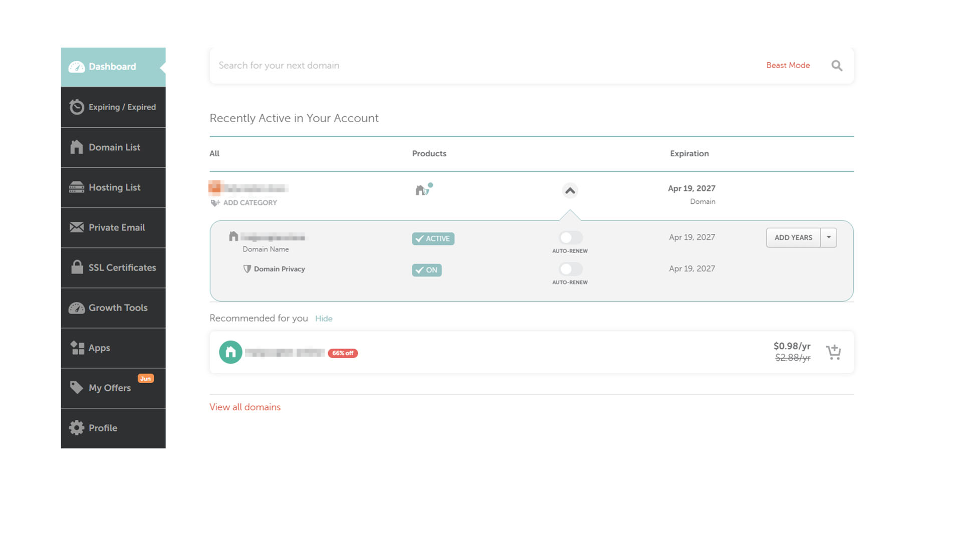Namecheap dashboard.