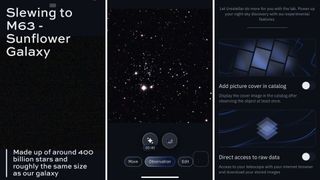 Screen shots of the Unistellar Odyssey telescope app