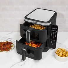 The Haden Double Stack Air Fryer cooking fries and chicken.