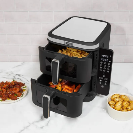 The Haden Double Stack Air Fryer cooking fries and chicken.