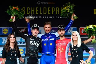 Elia Viviani, Marcel Kittel and Nacer Bouhanni on the Scheldeprijs podium