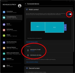 Enabling Multi Control in the Samsung Settings app on the Galaxy Book 3 Ultra