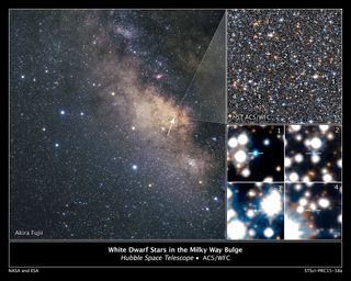 An image of the heart of the Milky Way shows the location of ancient white dwarfs. At left is a ground-based image of the galaxy's central bulge; the upper right shows a small section of Hubble's view of this region, while the lower-right image depicts four white dwarfs spied by Hubble.