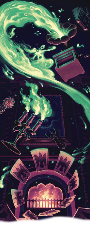 A Tarroka deck, green, mystical flame coming from a jukebox, and various artefacts from Curse of Strahd floating in the air of a gothic room