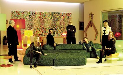 Stefano Giovannoni, Nika Zupanc, Gabriele Chiave (Marcel Wanders), Andrea Branzi, Richard Hutten, and Sofia Lagerkvist and Anna Lindgren (front) shot at Giovannoni’s house in Milan