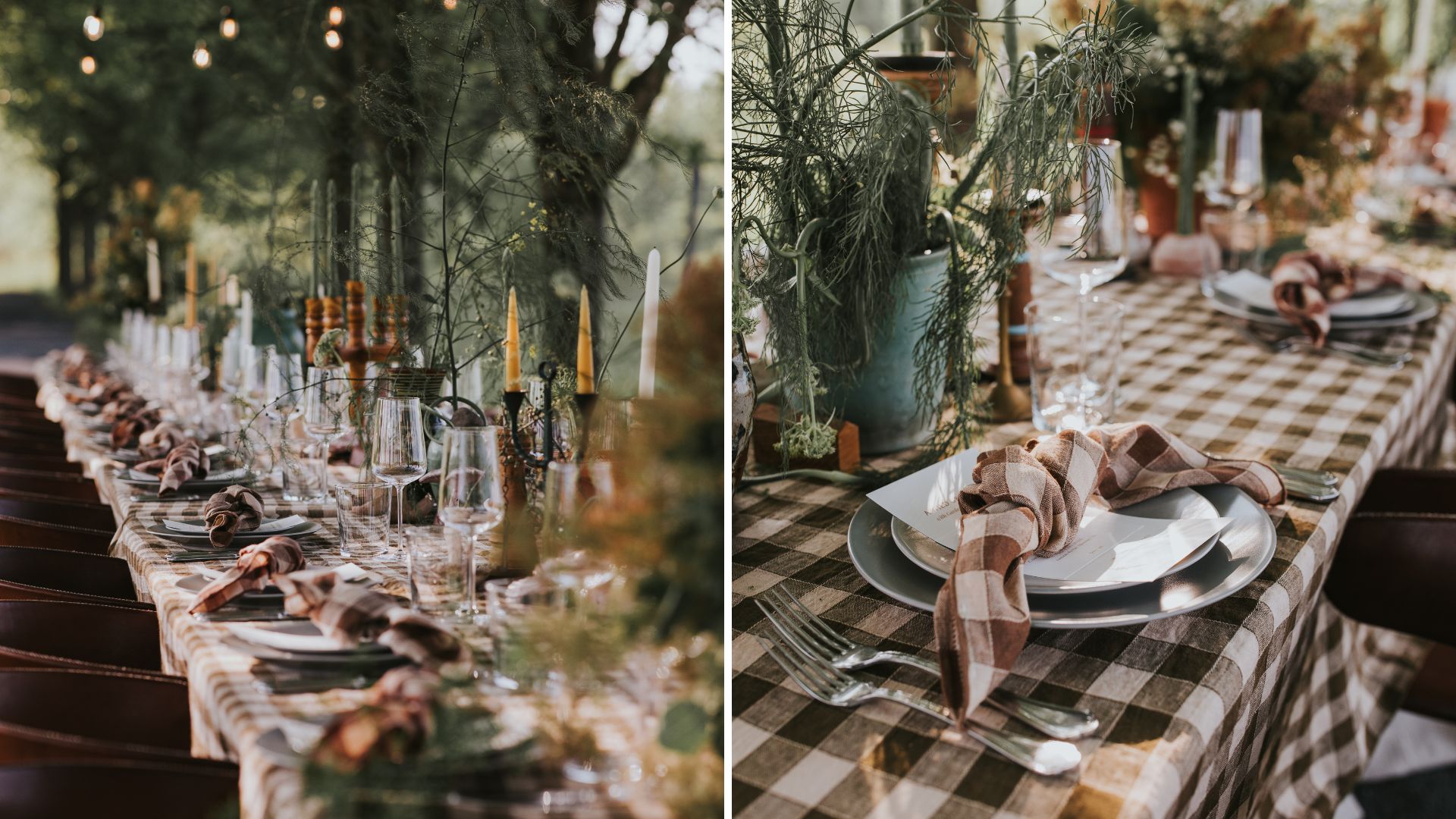 Table set up outdoors with gingham tablecloth, napkins and lots of taper candles and greenery