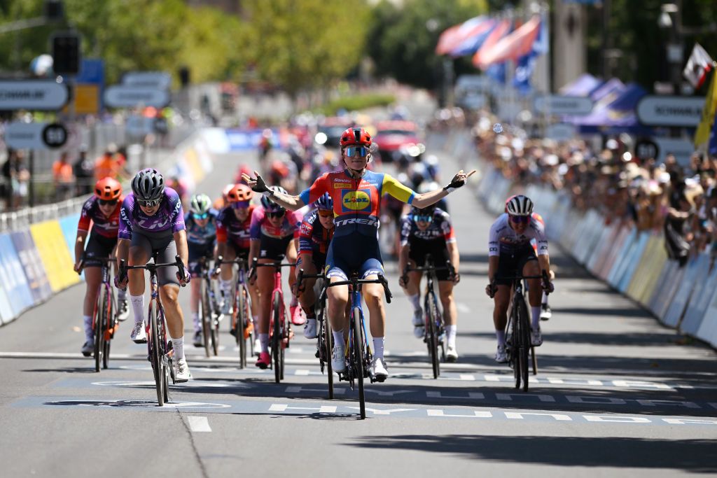 ADELAIDE AUSTRALIA JANUARY 26 Clara Copponi of France and Team Lidl Trek celebrates at finish line as race winner ahead of Georgia Baker of Australia and Team Liv Alula Jayco L during the Schwalbe Womens OneDay Classic 2025 a 899km one day race from Adelaide to Adelaide on January 26 2025 in Adelaide Australia Photo by Dario BelingheriGetty Images