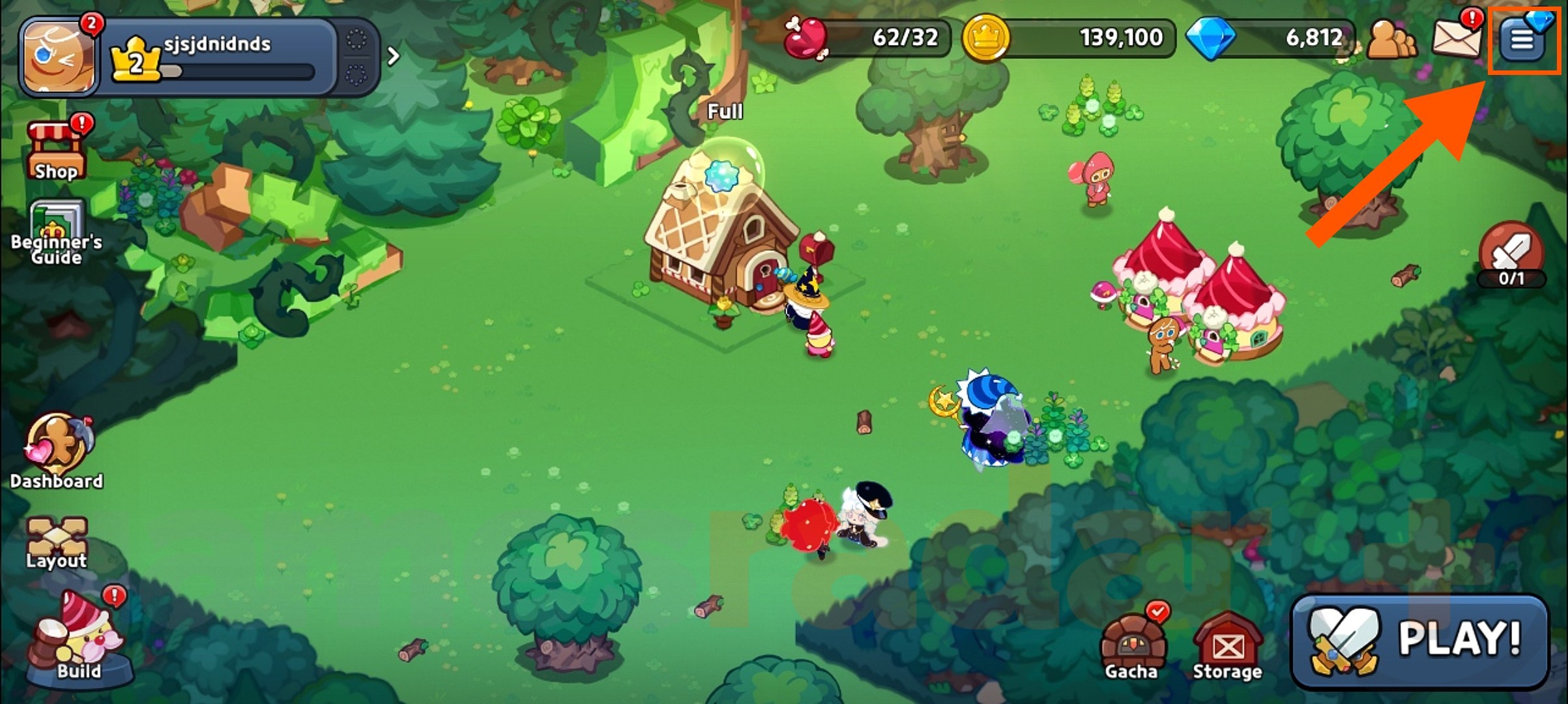 An in-game screenshot with an arrow pointing to the menu button, where you can redeem Cookie Run Kingdom codes.