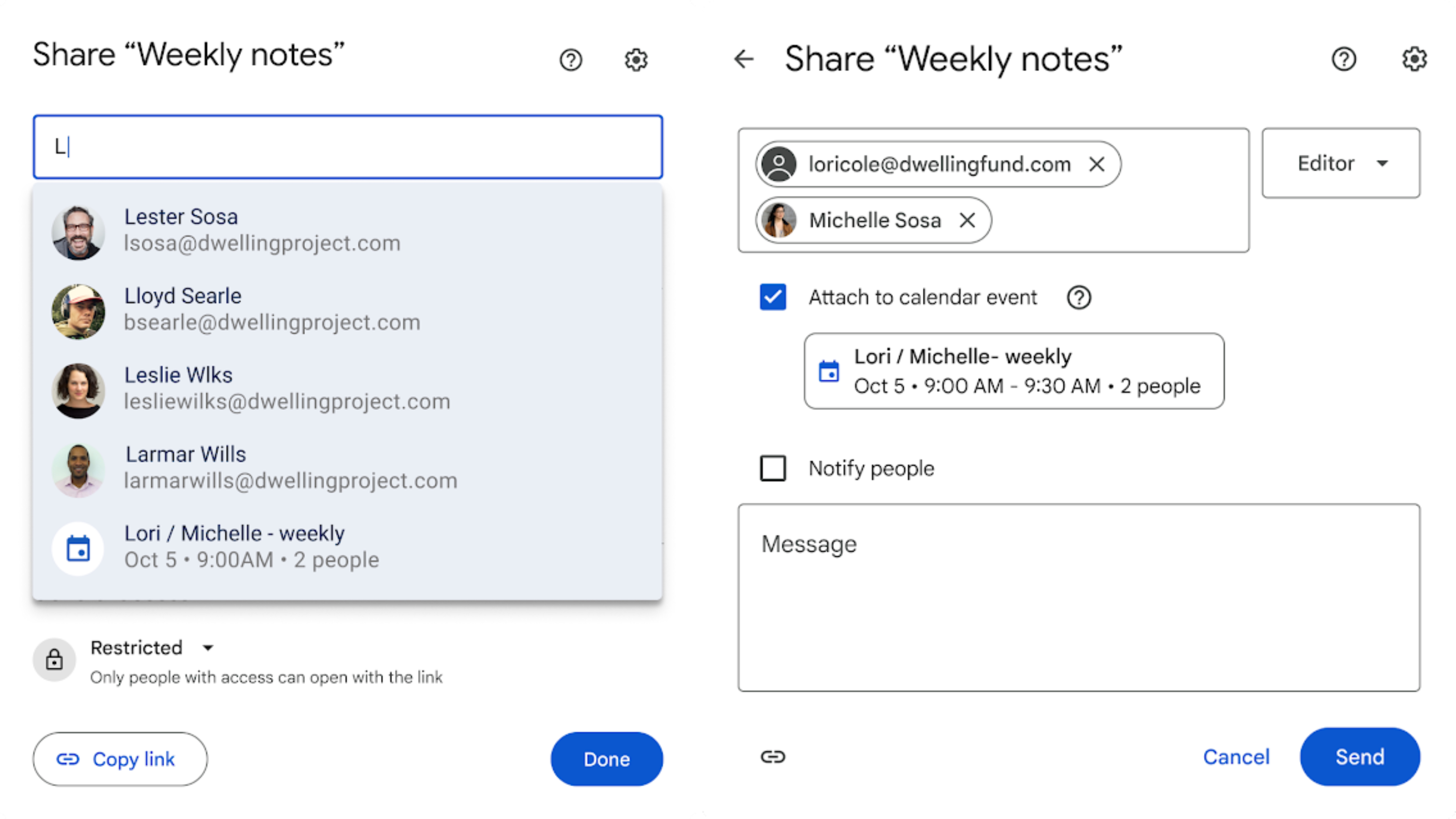 Screenshots of Google Drive integration with Google Meet.