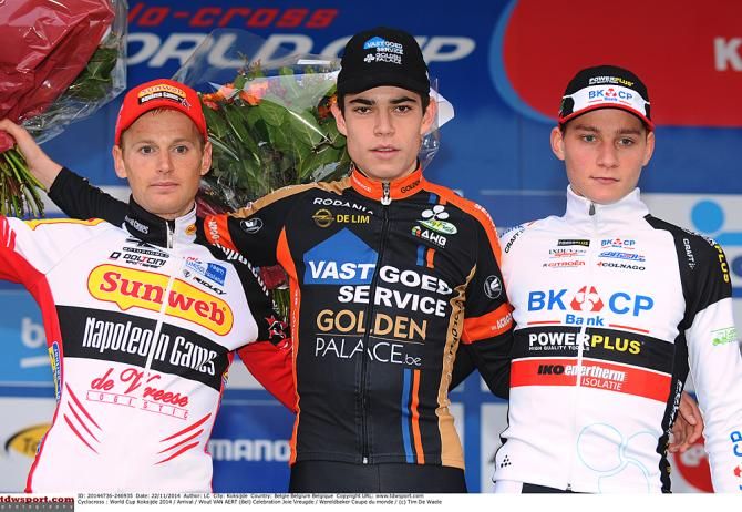 The podium l-r: Kevin Pauwels (Sunweb - Napoleon Games), Wout Van Aert (Vastgoedservice - Golden Palace), Mathieu Van Der Poel (BKCP - Powerplus_