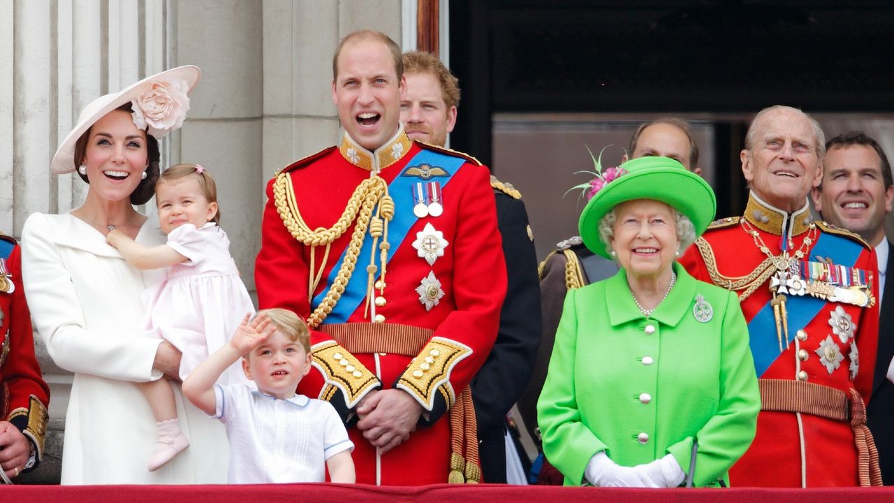 Catherine, Duchess of Cambridge, Princess Charlotte of Cambridge, Prince George of Cambridge, Prince William, Duke of Cambridge, Queen Elizabeth II and Prince Philip, Duke of Edinburgh watch the flypast from the balcony of Buckingham Palace during Trooping the Colour, this year marking the Queen&#039;s 90th birthday on June 11, 2016 in London, England.