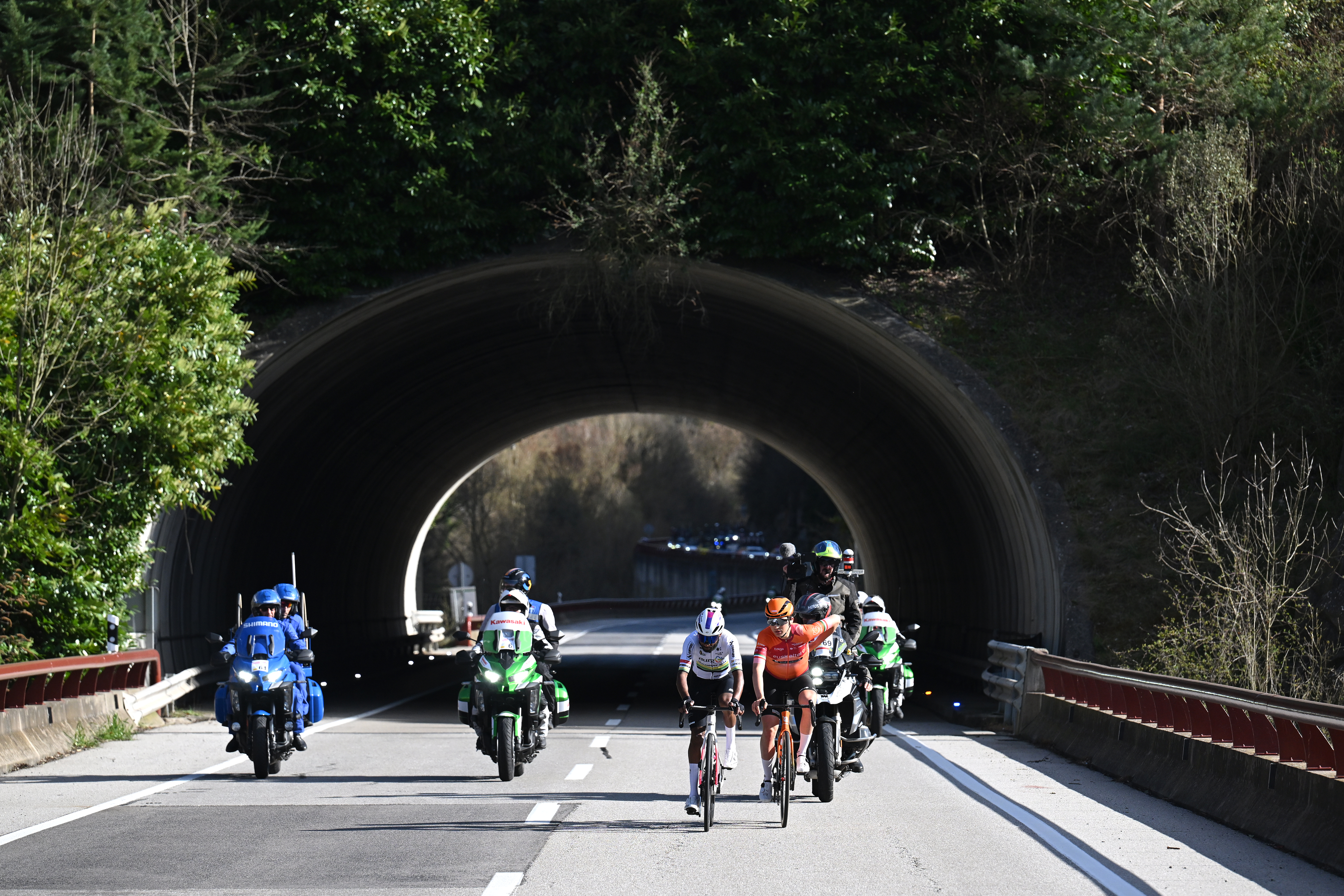 CAMPRODRON, SPAIN - MARCH 26: Merhawi Kudus of Eritrea and Team Burgos Burpellet BH and Samuel Fernandez of Spain and Team Euskaltel - Euskadi compete in the breakaway during the 105th Volta a Catalunya 2026, Stage 4 a 151km stage from Mataro to Camprodon 957m / #UCIWT / on March 26, 2026 in Camprodon, Spain. (Photo by Szymon Gruchalski/Getty Images)