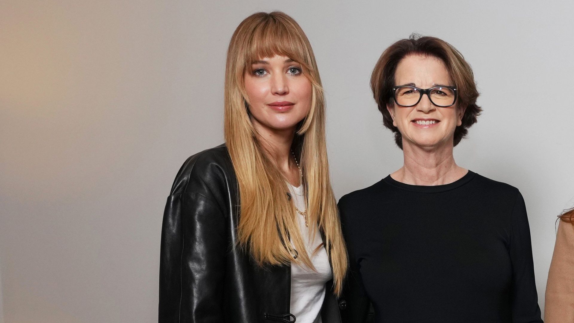Jennifer Lawrence wears the Rohe black leather jacket with mid-wash blue jeans and a white t-shirt.