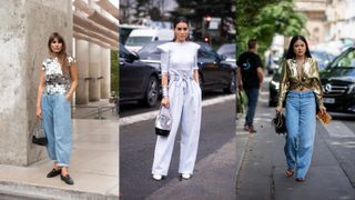 A composite of street style influencers showing how to style baggy jeans with metallics