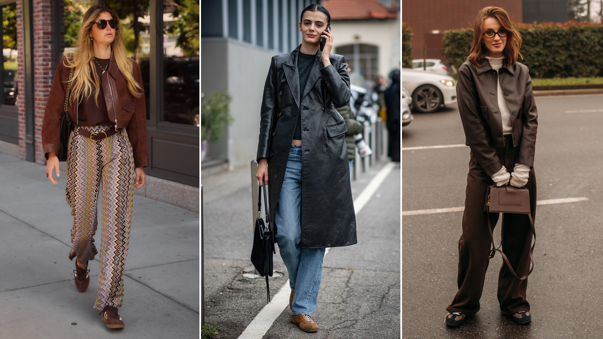 Split image of fashion week attendees wearing brown sneakers 