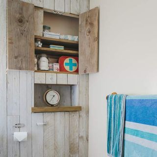 bathroom with wooden cupboard and towel
