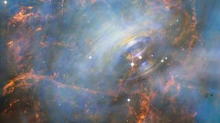 NASA's Hubble Space Telescope captured a stunning image of the central neutron star of the Crab Nebula, which spins at a rate of 30 times per second with a visible pulsating appearance, much like a heart.