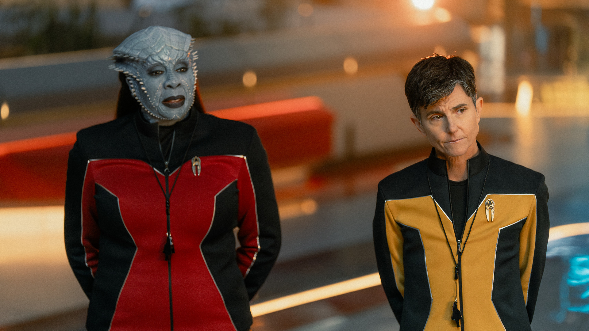 Gina Yashere as Lura and Tig Notaro as Reno in Star Trek: Starfleet Academy, episode 3, season 1, streaming on Paramount+, 3035. Photo Credit: John Medland/Paramount+.