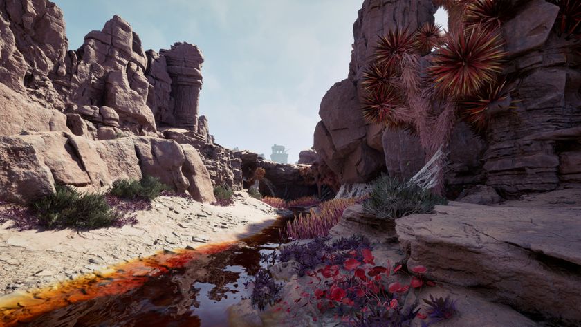 Avowed Seafarer&#039;s Boots treasure map location - A scenic shot of a rocky desert ravine with red water flowing through.