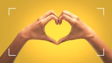 Close up of female hands making heart shape in studio with yellow background