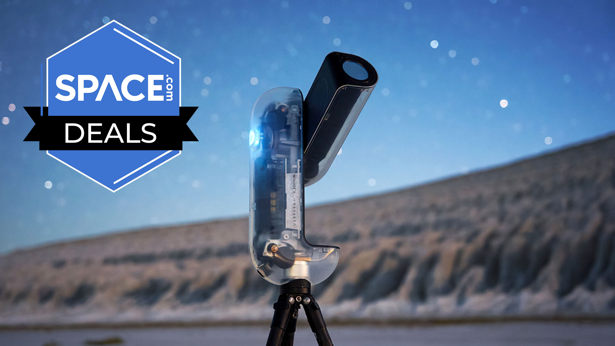 The Vaonis Vespera II X edition against a starry landscape, with a blue Space.com deals badge in the upper left hand corner. 