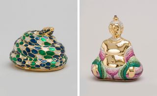 Snake minaudière with blue and green enamel, 1989. Buddha minaudière with crystals, 1987.