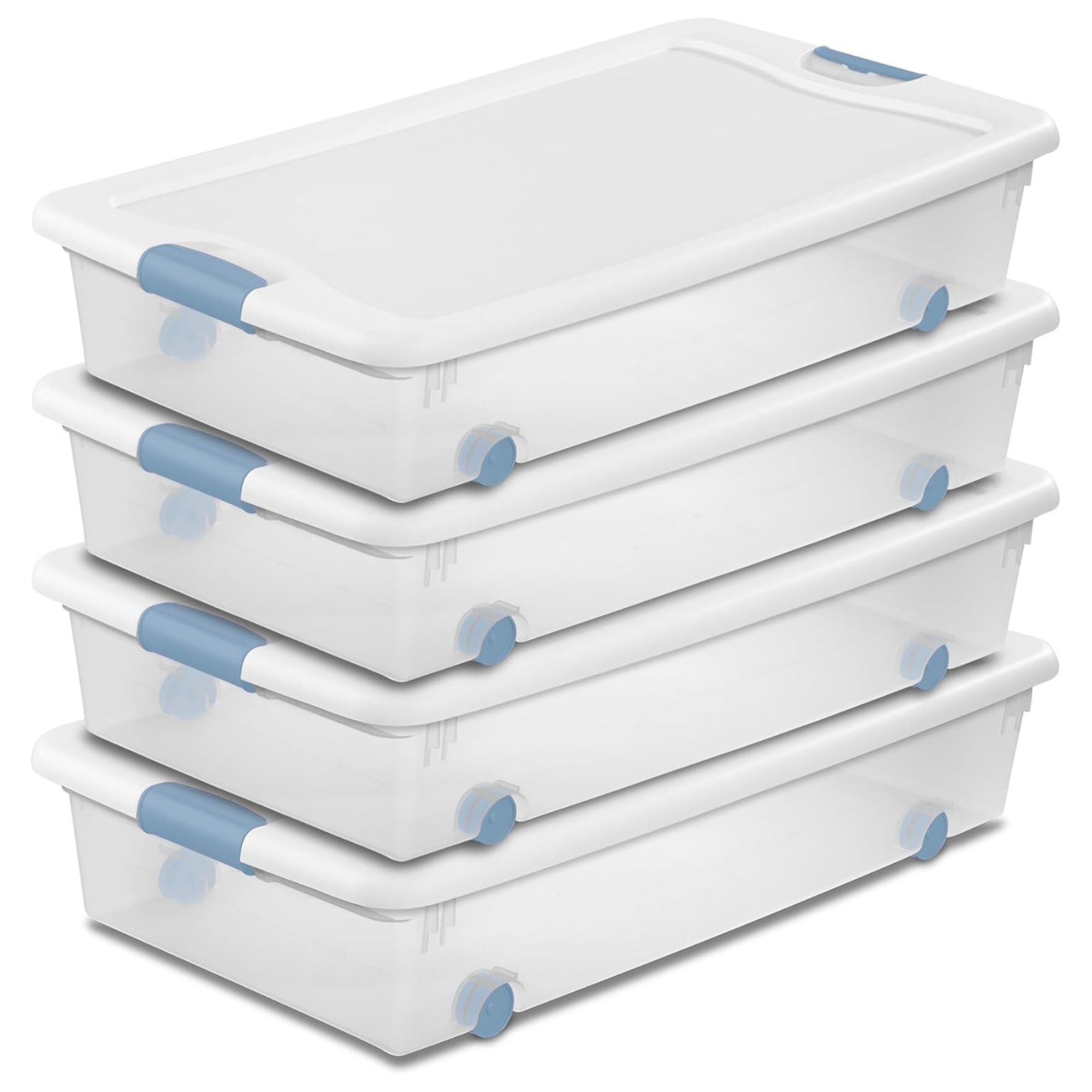 A stack of rectangular underbed storage boxes with blue latches and blue wheels