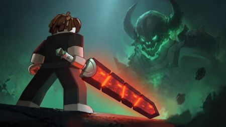 A brown-haired Roblox character wields a glowing red sword as he faces off against a green golem in Broken Blade