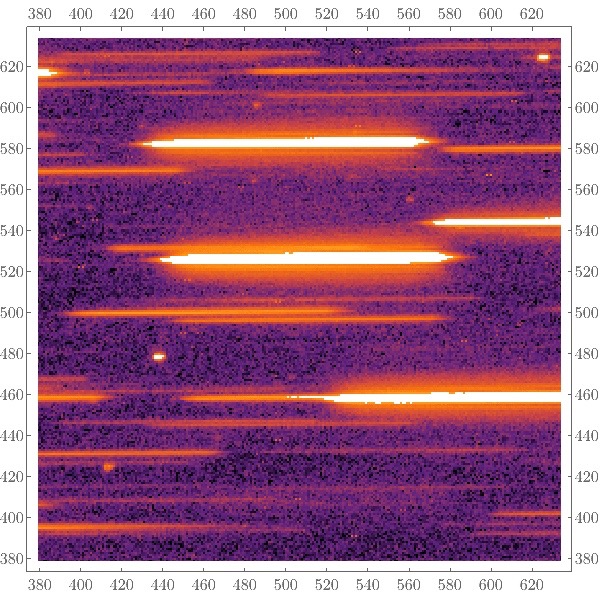 One frame from an animation showing corrected images of Kepler-1625 collected by the Hubble Space Telescope’s WFC3 instrument. The star is located in the center and is spread out horizontally due to the instrument’s grism, giving color information about the source.