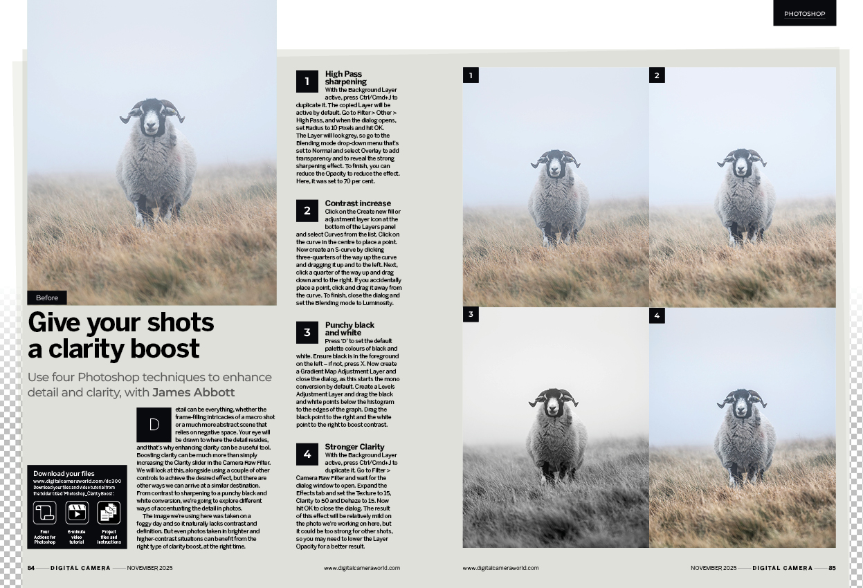 Image showing the Get the Look tutorial in issue 300 (November 2025) of Digital Camera magazine, about using four techniques to enhance detail and clarity in Adobe Photoshop