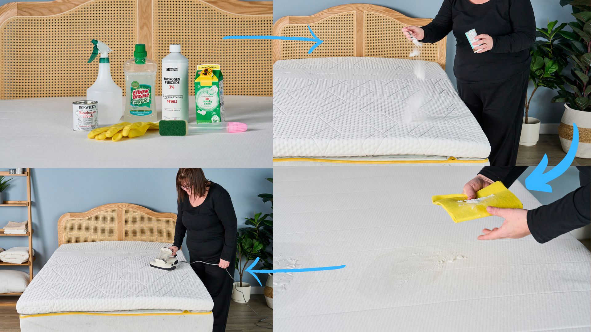 Four images combined together to show the process of how to clean a mattress topper