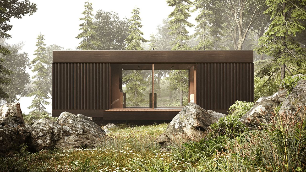 Wooden minimal cabin Landet Stay surrounded by a green Swedish forest