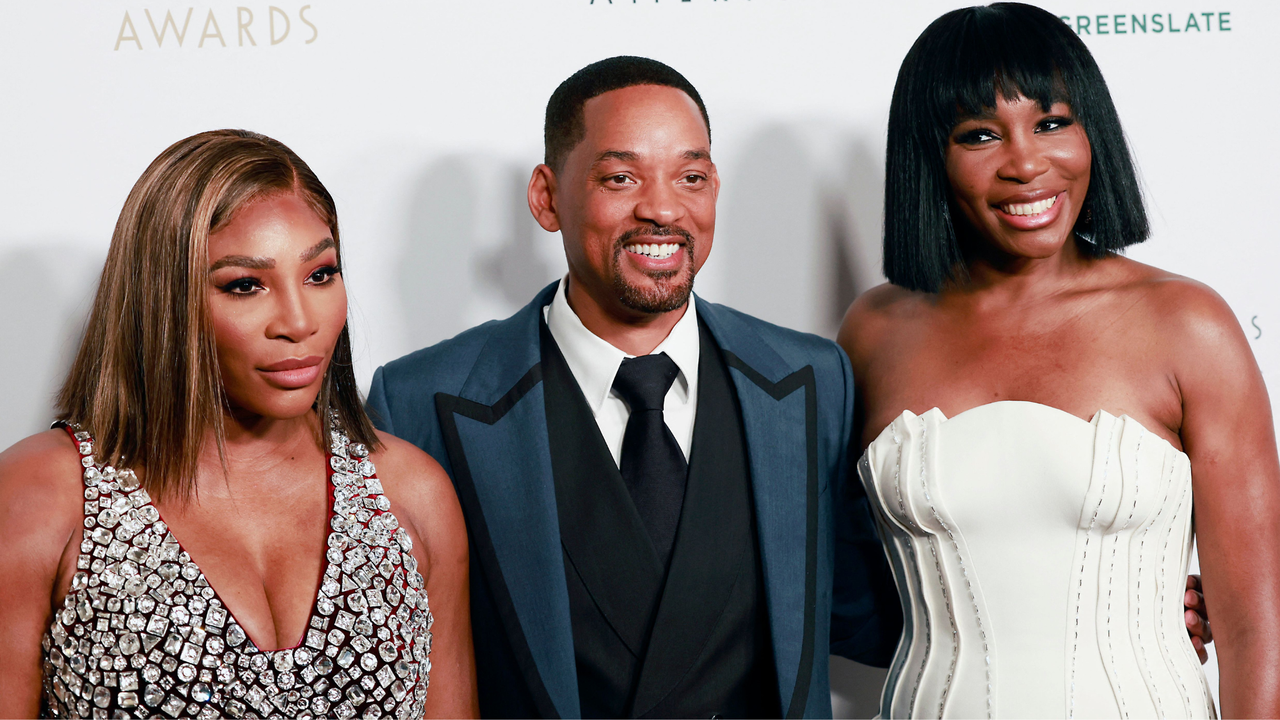 Serena Williams, Will Smith and Venus Williams arrive for the 33rd Annual Producers Guild Awards at the Fairmont Century Plaza in Los Angeles on March 19, 2022