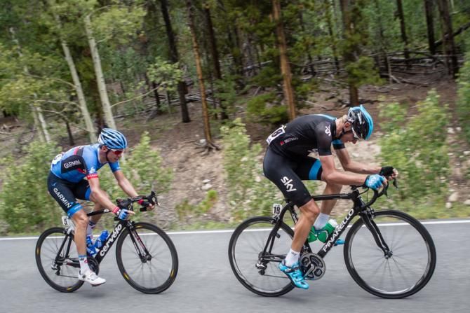 Kanstantsin Siutsou (Sky) and David Millar (Garmin Sharp) try to bridge to the front group.