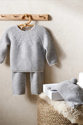 grey knitted baby clothes and hat set